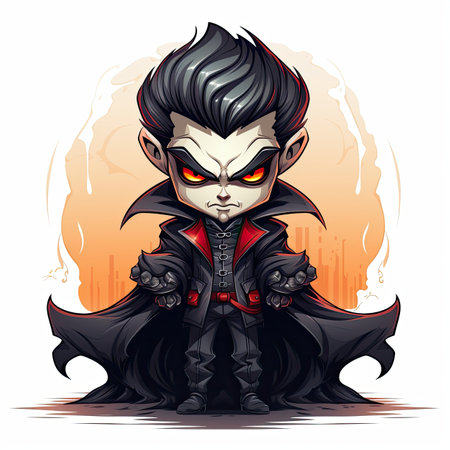 Vector illustration of a cartoon vampire with black hair and red eyes.の素材