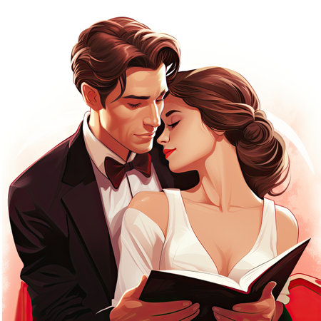Beautiful couple in love reading a book. Retro style illustration.の素材