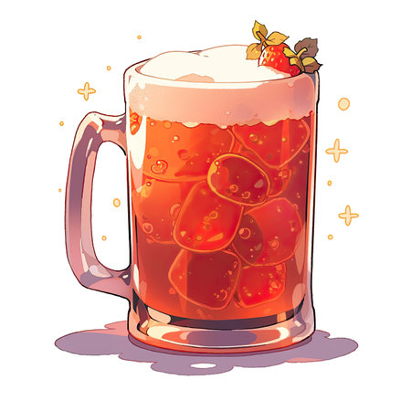 Vector illustration of a glass of beer with ice cubes, strawberries and mint.の素材