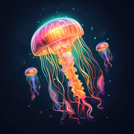 Colorful jellyfish on dark background.の素材