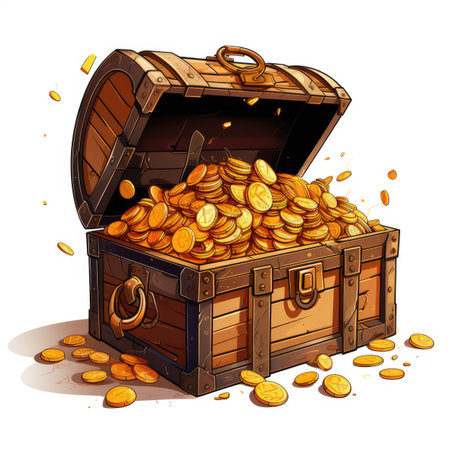 Treasure chest full of gold coins. Vector illustration isolated on white background.の素材