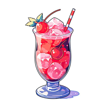 Cocktail with cherry, ice and mint. Vector illustration.の素材