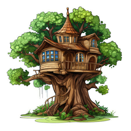 Wooden house on the tree illustration. EPS 10 vector file includedの素材