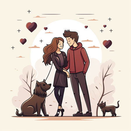 Couple in love walking with dog in the park. Vector illustrationの素材