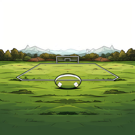 Soccer field with ball and mountains in the background. Vector illustration.の素材