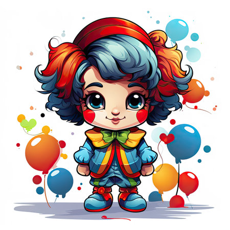 Cute cartoon girl with colorful balloons and confetti.の素材