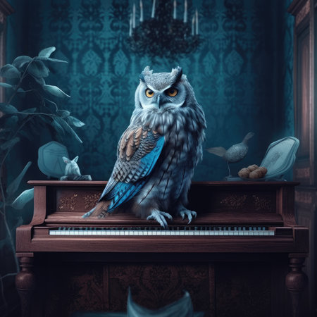 Owl sitting on the piano and playing music.の素材