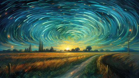 star trails in the night sky over a rural landscapeの素材