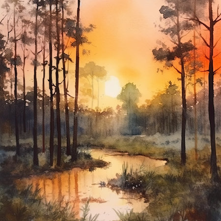 Watercolor pine forest in the morning with fog at sunrise.の素材