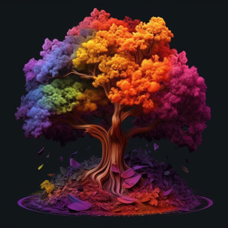 Colorful abstract tree in the form of a rainbow on a dark backgroundの素材