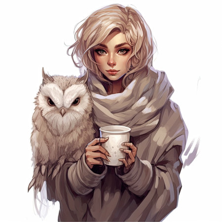 Beautiful young woman with owl and cup of hot drink.の素材