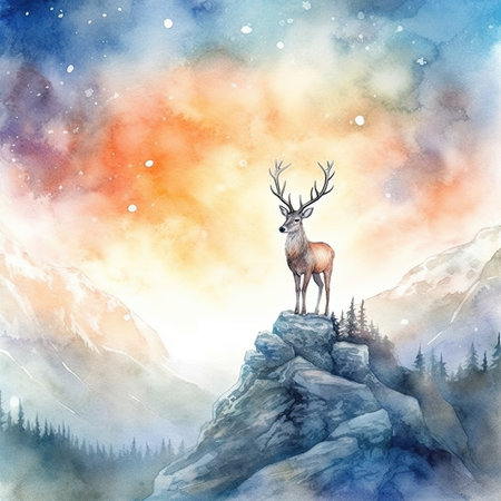 Watercolor illustration of a deer standing on a rock in the mountainsの素材