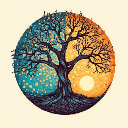 Illustration of a stylized tree on the background of the moonの素材