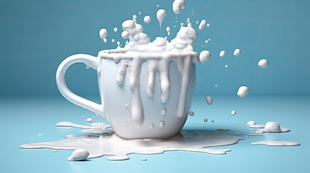 Coffee cup with milk splash on blue background.の素材