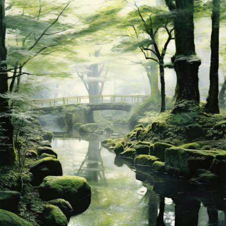 japanese garden with pond and bridge in the foggy forestの素材