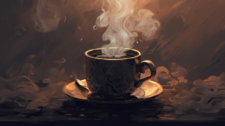 Cup of coffee with smoke on dark backgroundの素材