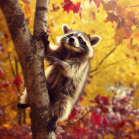 Raccoon climbing on a tree in autumn forest with colorful leavesの素材