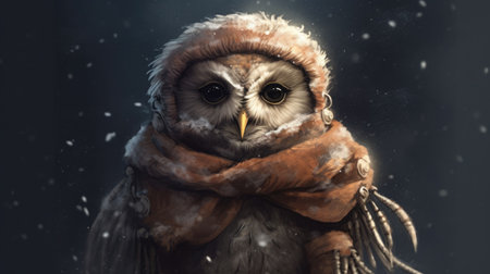 Snowy owl with scarf and hat on a dark background. Winter concept.の素材