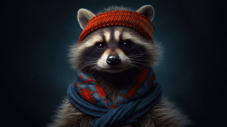 Portrait of a raccoon in a hat and scarf on a dark backgroundの素材