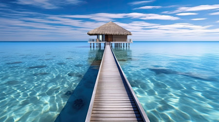 tropical beach with water bungalows and wooden pierの素材