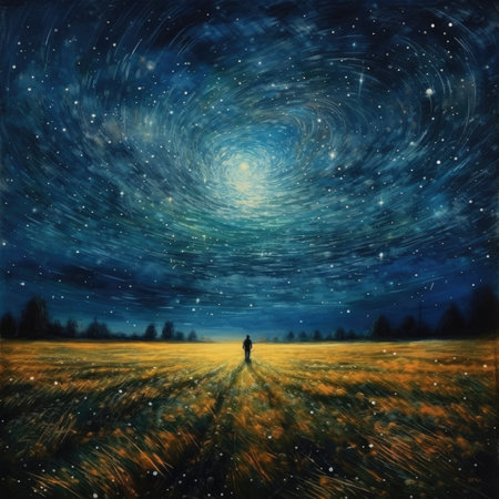 Man standing in a field and looking at the starry sky.の素材