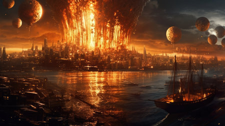 Fantasy scene of a futuristic city with a ship and planets.の素材