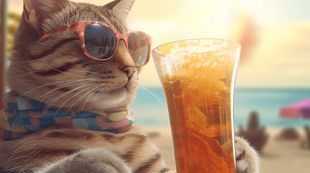 Cute cat in sunglasses with a glass of beer on the beachの素材