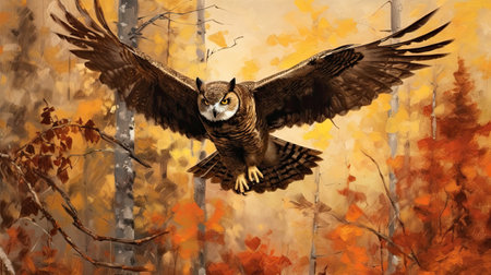 Owl flying in the autumn forest.の素材