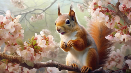 Squirrel on the background of a blossoming tree, close-upの素材