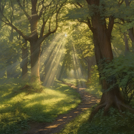 Morning in the forest with sunbeams through the trees and pathの素材