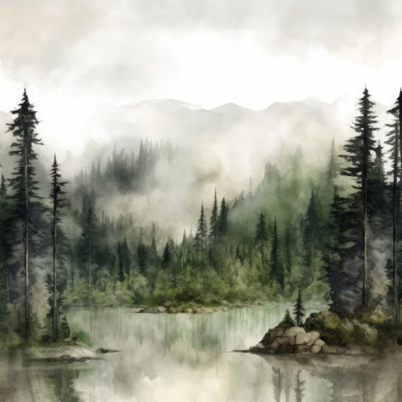 a mountain lake with fog and trees in the backgroundの素材