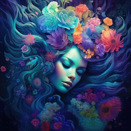 Beautiful woman with flowers in her hair.の素材