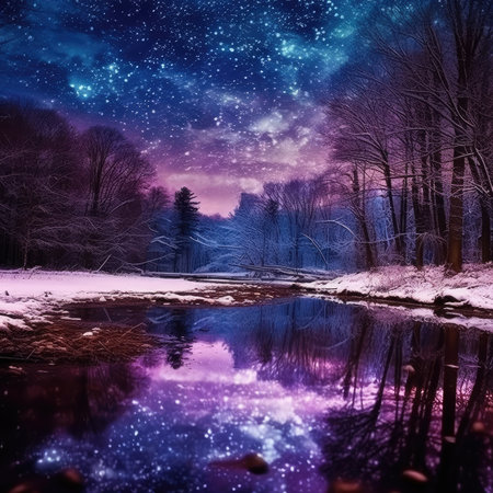 Winter landscape with a river and trees in the snow. Night skyの素材