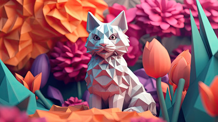 Paper origami cat and tulips.の素材