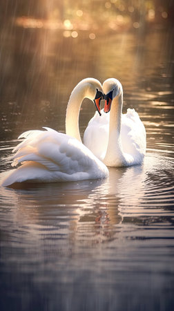Two white swans swimming on a lake in the sunset light.の素材