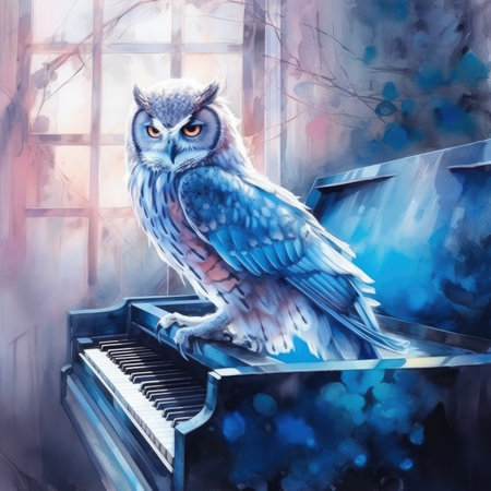 Original oil painting of an owl sitting on the keys of a pianoの素材