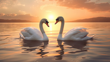 Two white swans on the lake at sunsetの素材