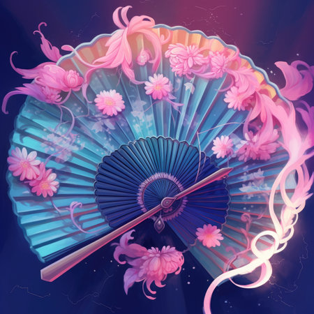 Folding fan with pink flowers on a dark blue background.の素材
