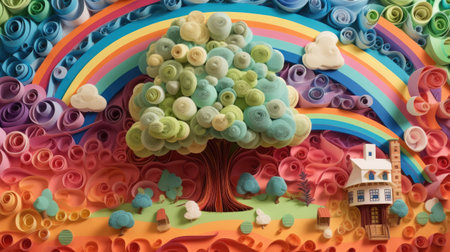 Rainbow and tree made of colorful plasticine, abstract background.の素材