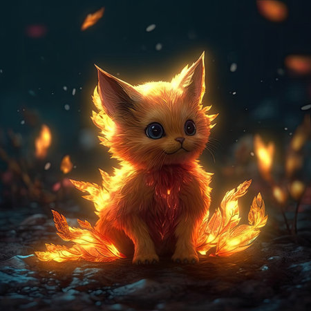 Fantasy scene with a cute little kitten sitting on the ground.の素材