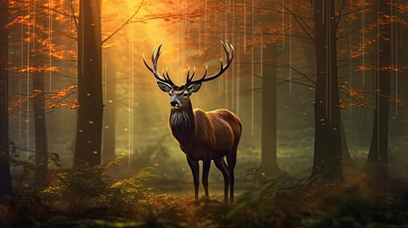 Red deer stag in the forest at sunrise.の素材