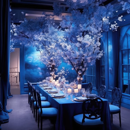 Interior of a restaurant with blue and white flowers.の素材