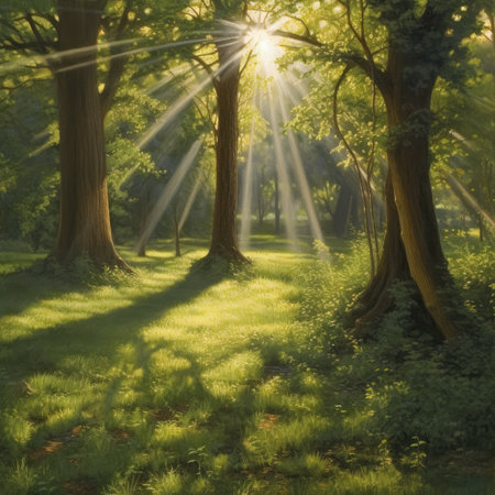 Sunlight in the morning in the forest. Beautiful summer landscape.の素材