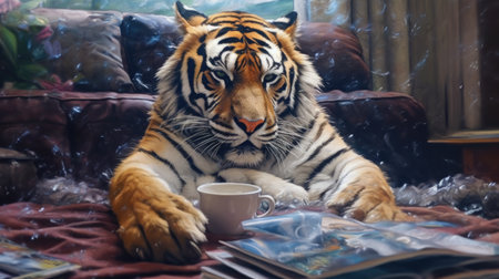 Siberian tiger with a cup of coffee and books on the sofaの素材