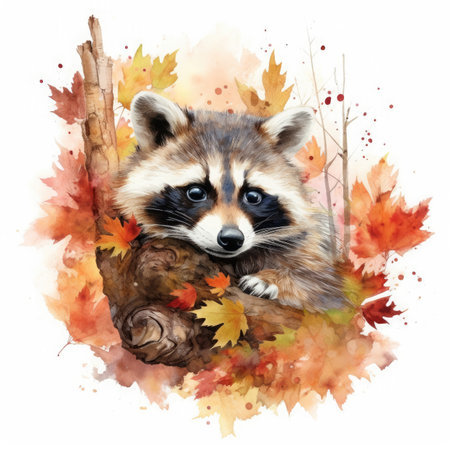 watercolor portrait of a raccoon on a background of autumn leavesの素材