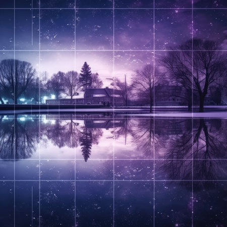 Night landscape with reflection of trees and house in water. Collage.の素材