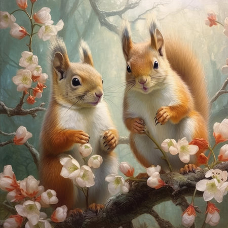 Two cute squirrels sitting on a branch with flowers. Vintage painting.の素材