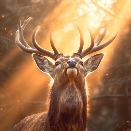 Close up of a red deer stag in the forest at sunset.の素材
