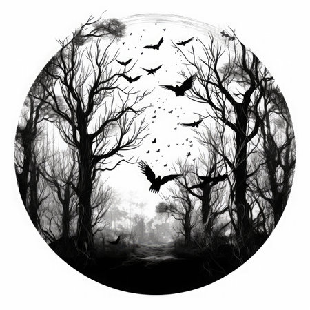 Halloween background with bats and trees in the forest, black and whiteの素材
