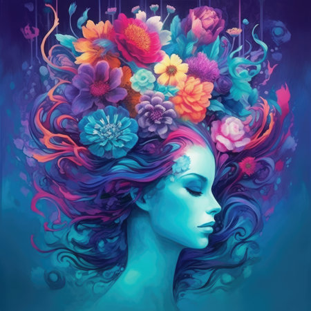 Beautiful girl with colorful flowers in her hair. Fantasy illustration.の素材